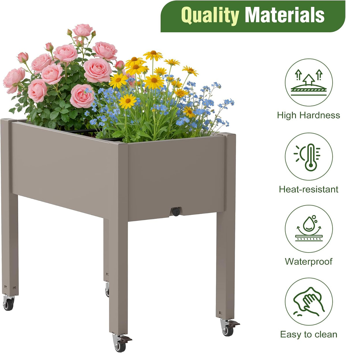 Resin Raised Garden Bed with Trellis and Wheels - Plasitc Planter Box with Trellis Outdoor with Drainage Holes & Water Monitor for Climbing Plants, Flower, Medium Gray(61.2" H)