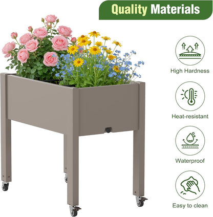 Resin Raised Garden Bed with Trellis and Wheels - Plasitc Planter Box with Trellis Outdoor with Drainage Holes & Water Monitor for Climbing Plants, Flower, Medium Gray(61.2" H)