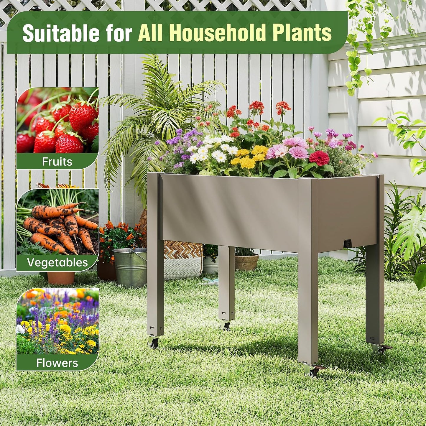 Resin Raised Garden Bed with Trellis and Wheels - Plasitc Planter Box with Trellis Outdoor with Drainage Holes & Water Monitor for Climbing Plants, Flower, Medium Gray(61.2" H)