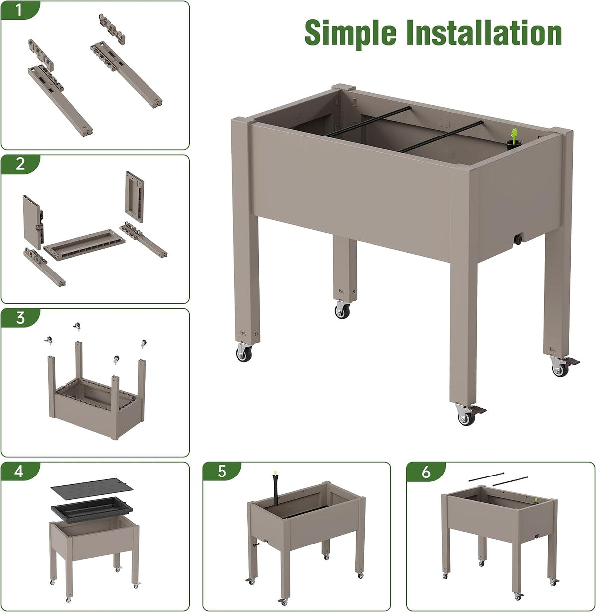 Resin Raised Garden Bed with Trellis and Wheels - Plasitc Planter Box with Trellis Outdoor with Drainage Holes & Water Monitor for Climbing Plants, Flower, Medium Gray(61.2" H)