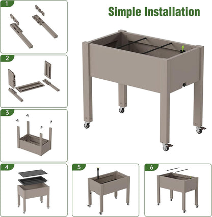 Resin Raised Garden Bed with Trellis and Wheels - Plasitc Planter Box with Trellis Outdoor with Drainage Holes & Water Monitor for Climbing Plants, Flower, Medium Gray(61.2" H)