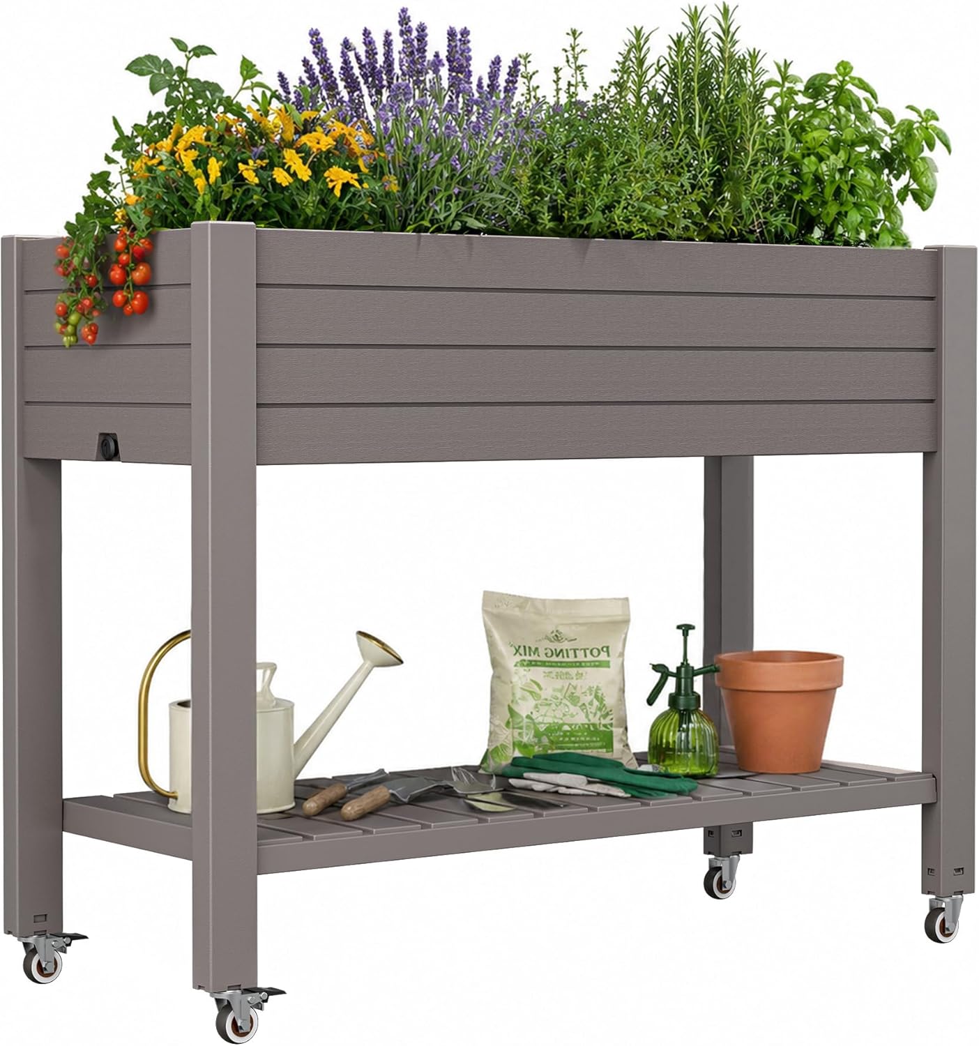 Resin Raised Garden Bed with Trellis and Wheels - Plasitc Planter Box with Trellis Outdoor with Drainage Holes & Water Monitor for Climbing Plants, Flower, Medium Gray(61.2" H)