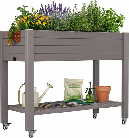 Resin Raised Garden Bed with Trellis and Wheels - Plasitc Planter Box with Trellis Outdoor with Drainage Holes & Water Monitor for Climbing Plants, Flower, Medium Gray(61.2" H)
