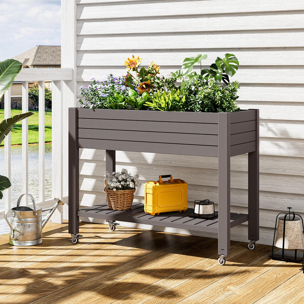 Resin Raised Garden Bed with Trellis and Wheels - Plasitc Planter Box with Trellis Outdoor with Drainage Holes & Water Monitor for Climbing Plants, Flower, Medium Gray(61.2" H)