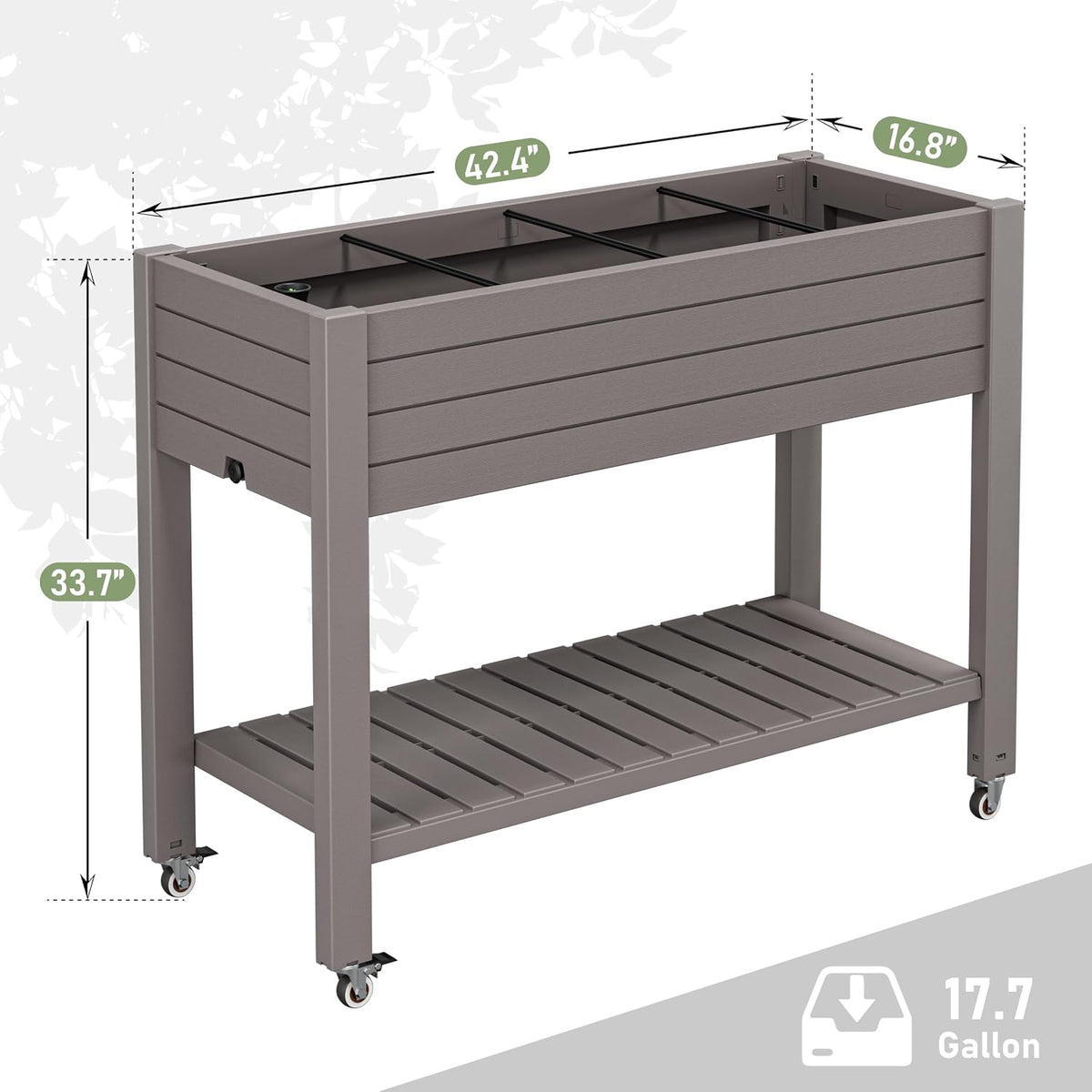 Resin Raised Garden Bed with Trellis and Wheels - Plasitc Planter Box with Trellis Outdoor with Drainage Holes & Water Monitor for Climbing Plants, Flower, Medium Gray(61.2" H)