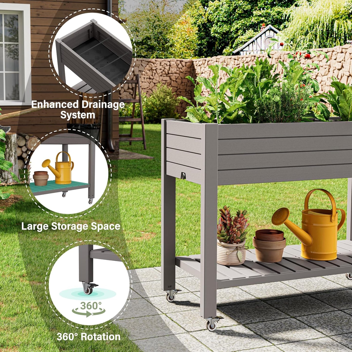 Resin Raised Garden Bed with Trellis and Wheels - Plasitc Planter Box with Trellis Outdoor with Drainage Holes & Water Monitor for Climbing Plants, Flower, Medium Gray(61.2" H)