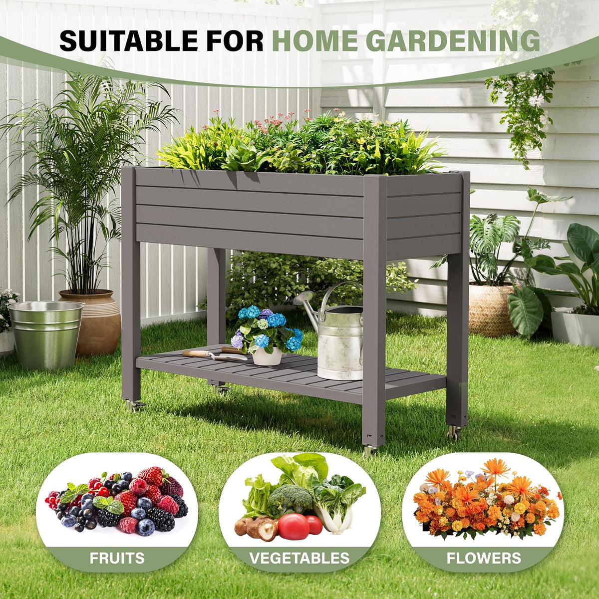 Resin Raised Garden Bed with Trellis and Wheels - Plasitc Planter Box with Trellis Outdoor with Drainage Holes & Water Monitor for Climbing Plants, Flower, Medium Gray(61.2" H)