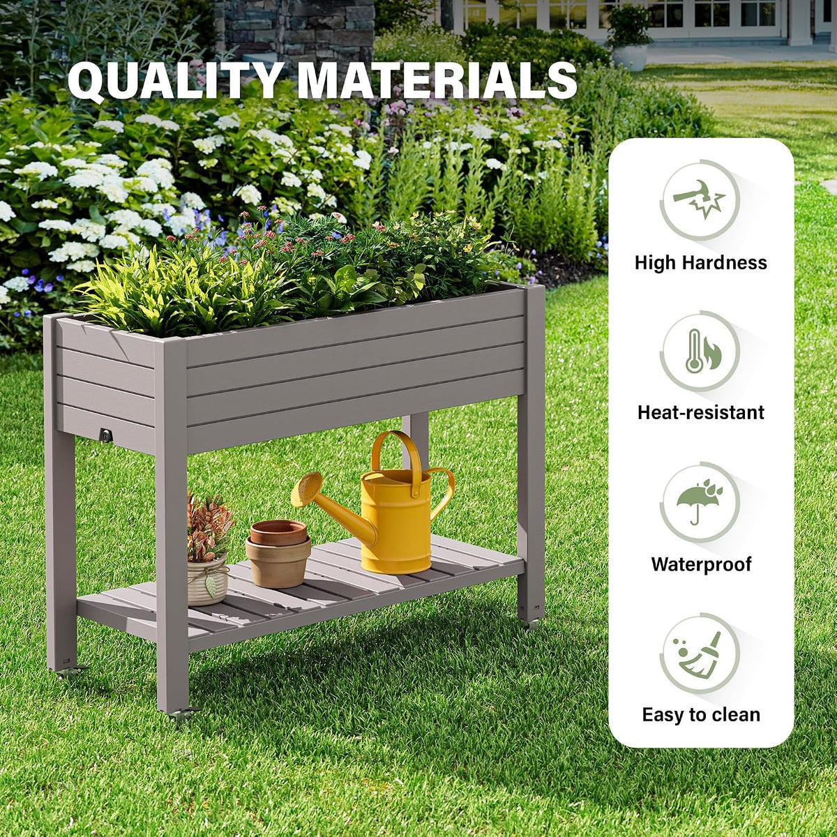 Resin Raised Garden Bed with Trellis and Wheels - Plasitc Planter Box with Trellis Outdoor with Drainage Holes & Water Monitor for Climbing Plants, Flower, Medium Gray(61.2" H)