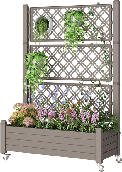Resin Raised Garden Bed with Trellis and Wheels - Plasitc Planter Box with Trellis Outdoor with Drainage Holes & Water Monitor for Climbing Plants, Flower, Medium Gray(61.2" H)