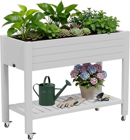 Resin Raised Garden Bed with Trellis and Wheels - Plasitc Planter Box with Trellis Outdoor with Drainage Holes & Water Monitor for Climbing Plants, Flower, Medium Gray(61.2" H)