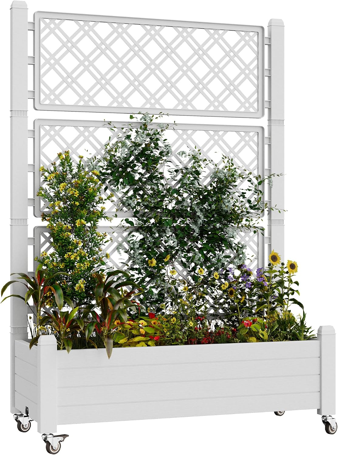 Resin Raised Garden Bed with Trellis and Wheels - Plasitc Planter Box with Trellis Outdoor with Drainage Holes & Water Monitor for Climbing Plants, Flower, Medium Gray(61.2" H)