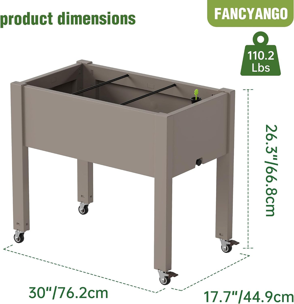 Resin Raised Garden Bed with Trellis and Wheels - Plasitc Planter Box with Trellis Outdoor with Drainage Holes & Water Monitor for Climbing Plants, Flower, Medium Gray(61.2" H)