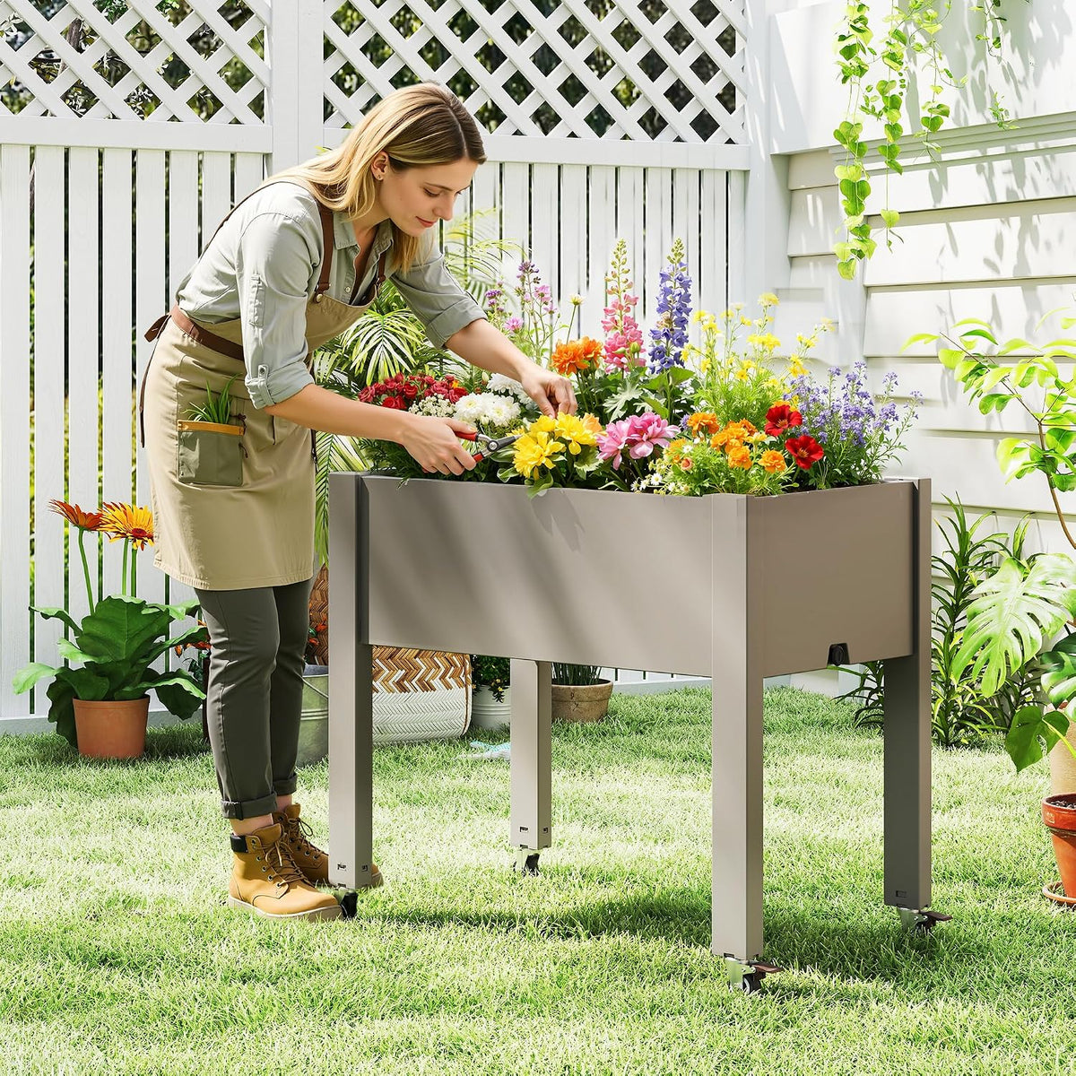 Resin Raised Garden Bed with Trellis and Wheels - Plasitc Planter Box with Trellis Outdoor with Drainage Holes & Water Monitor for Climbing Plants, Flower, Medium Gray(61.2" H)