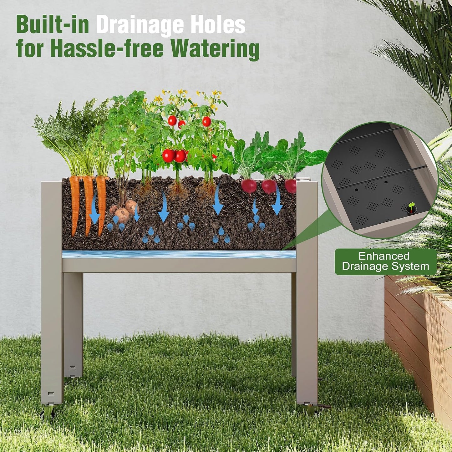 Resin Raised Garden Bed with Trellis and Wheels - Plasitc Planter Box with Trellis Outdoor with Drainage Holes & Water Monitor for Climbing Plants, Flower, Medium Gray(61.2" H)