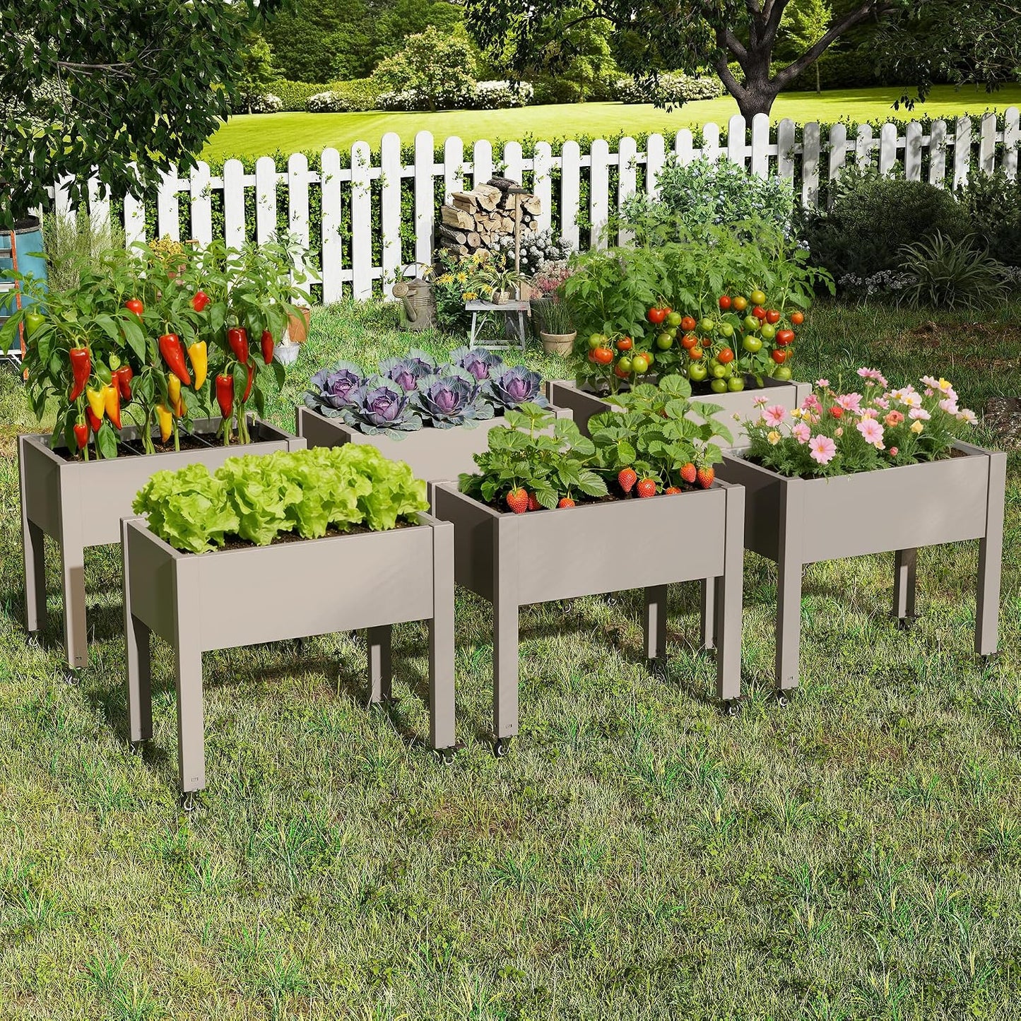 Resin Raised Garden Bed with Trellis and Wheels - Plasitc Planter Box with Trellis Outdoor with Drainage Holes & Water Monitor for Climbing Plants, Flower, Medium Gray(61.2" H)