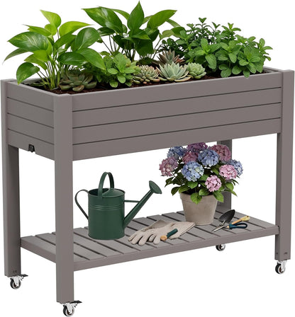 Resin Raised Garden Bed with Trellis and Wheels - Plasitc Planter Box with Trellis Outdoor with Drainage Holes & Water Monitor for Climbing Plants, Flower, Medium Gray(61.2" H)