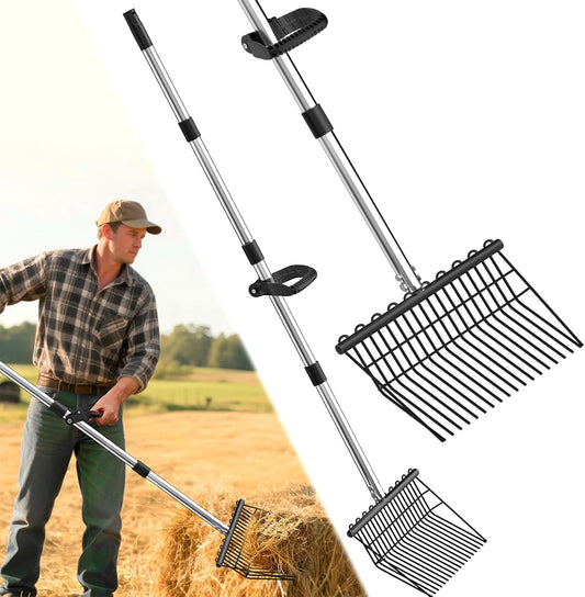 Pitch Forks for Garden with 18 Tines, 53" Non-Slip Adjustable Steel Handle, Durable Broadfork for Turning Hay, Gardening Pitchfork with Universal Extension Handle Attachment for Licorice