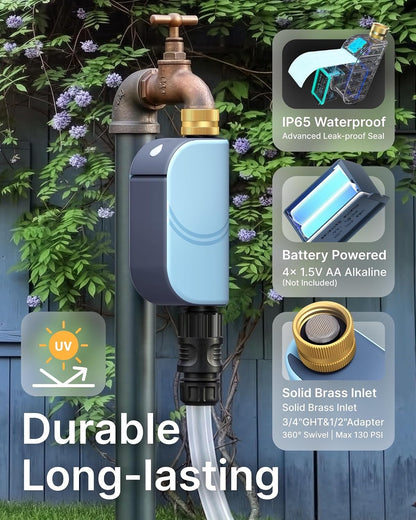 WiFi Water Timer for Garden Hose, Smart Sprinkler Controller with Heavy-Duty Brass Inlet & Flow Meter, No Hub Required, App Control Rain Delay Outdoor Hose Valve