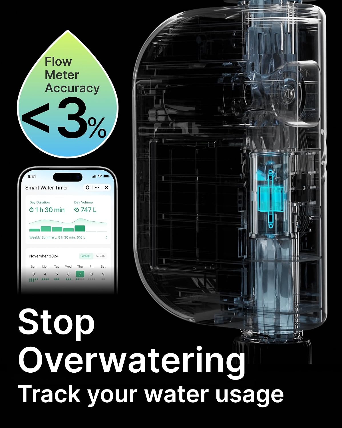WiFi Water Timer for Garden Hose, Smart Sprinkler Controller with Heavy-Duty Brass Inlet & Flow Meter, No Hub Required, App Control Rain Delay Outdoor Hose Valve