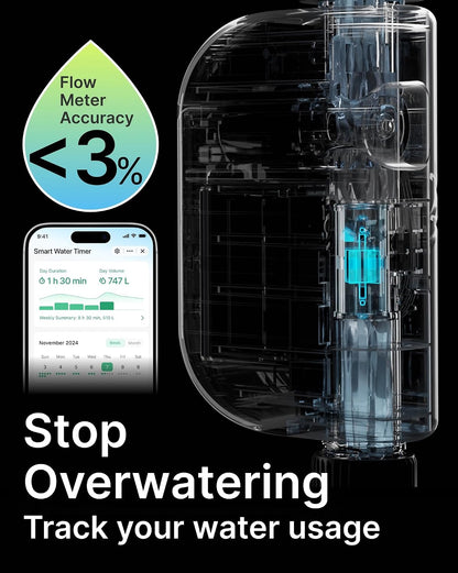 WiFi Water Timer for Garden Hose, Smart Sprinkler Controller with Heavy-Duty Brass Inlet & Flow Meter, No Hub Required, App Control Rain Delay Outdoor Hose Valve