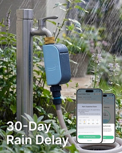 WiFi Water Timer for Garden Hose, Smart Sprinkler Controller with Heavy-Duty Brass Inlet & Flow Meter, No Hub Required, App Control Rain Delay Outdoor Hose Valve