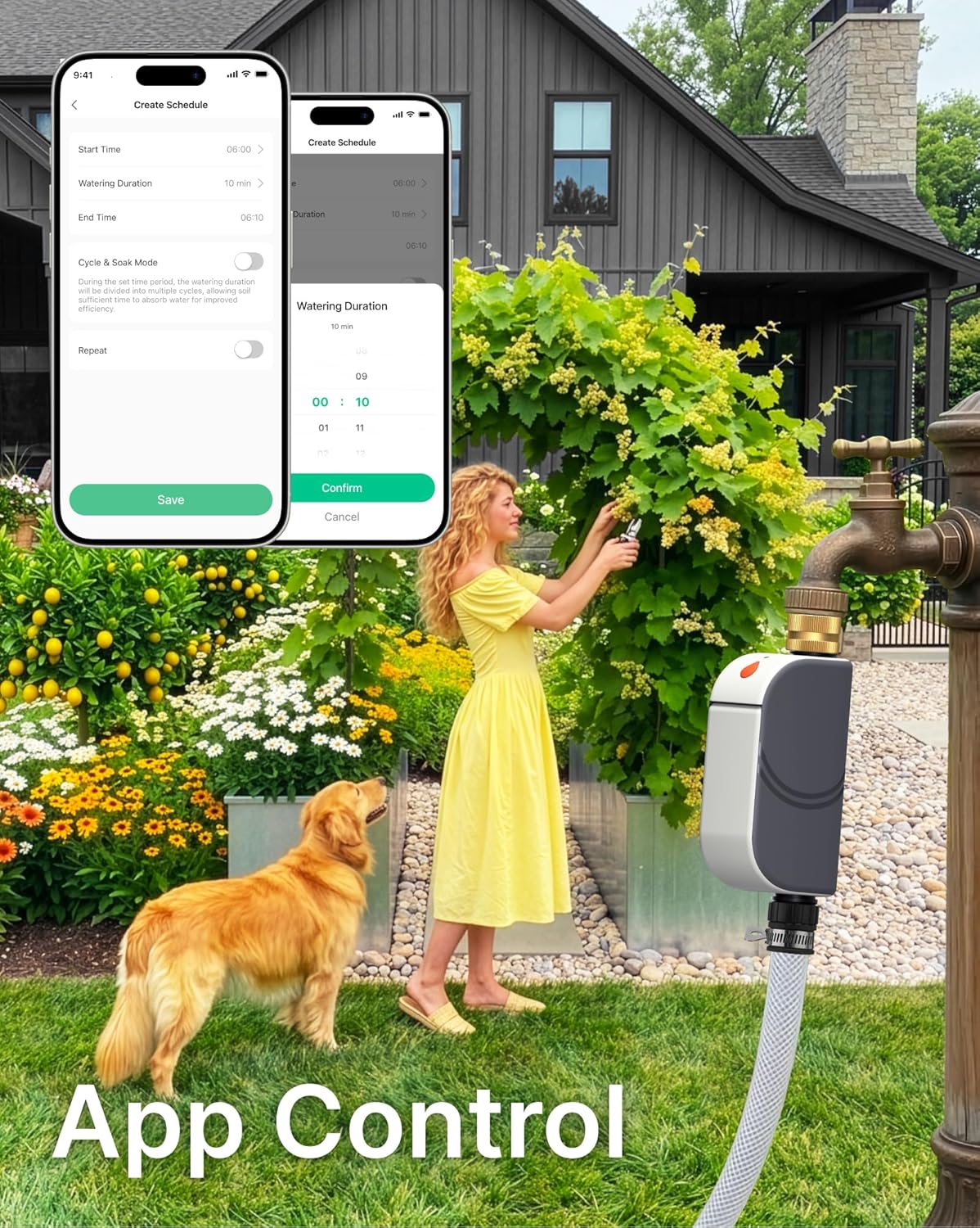 WiFi Water Timer for Garden Hose, Smart Sprinkler Controller with Heavy-Duty Brass Inlet & Flow Meter, No Hub Required, App Control Rain Delay Outdoor Hose Valve