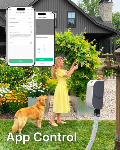 WiFi Water Timer for Garden Hose, Smart Sprinkler Controller with Heavy-Duty Brass Inlet & Flow Meter, No Hub Required, App Control Rain Delay Outdoor Hose Valve