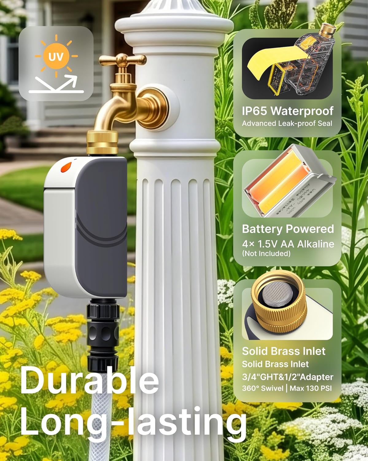 WiFi Water Timer for Garden Hose, Smart Sprinkler Controller with Heavy-Duty Brass Inlet & Flow Meter, No Hub Required, App Control Rain Delay Outdoor Hose Valve