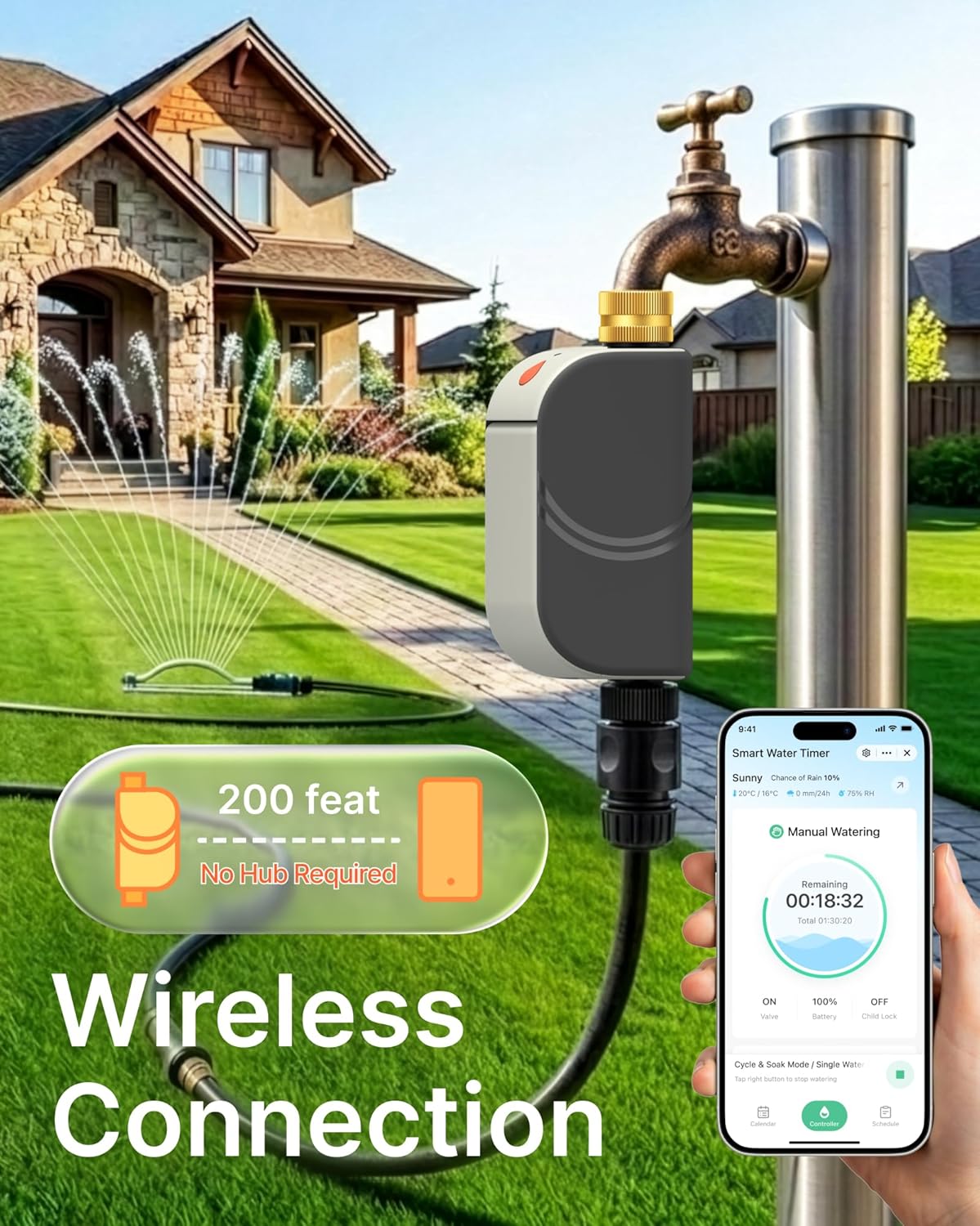 WiFi Water Timer for Garden Hose, Smart Sprinkler Controller with Heavy-Duty Brass Inlet & Flow Meter, No Hub Required, App Control Rain Delay Outdoor Hose Valve