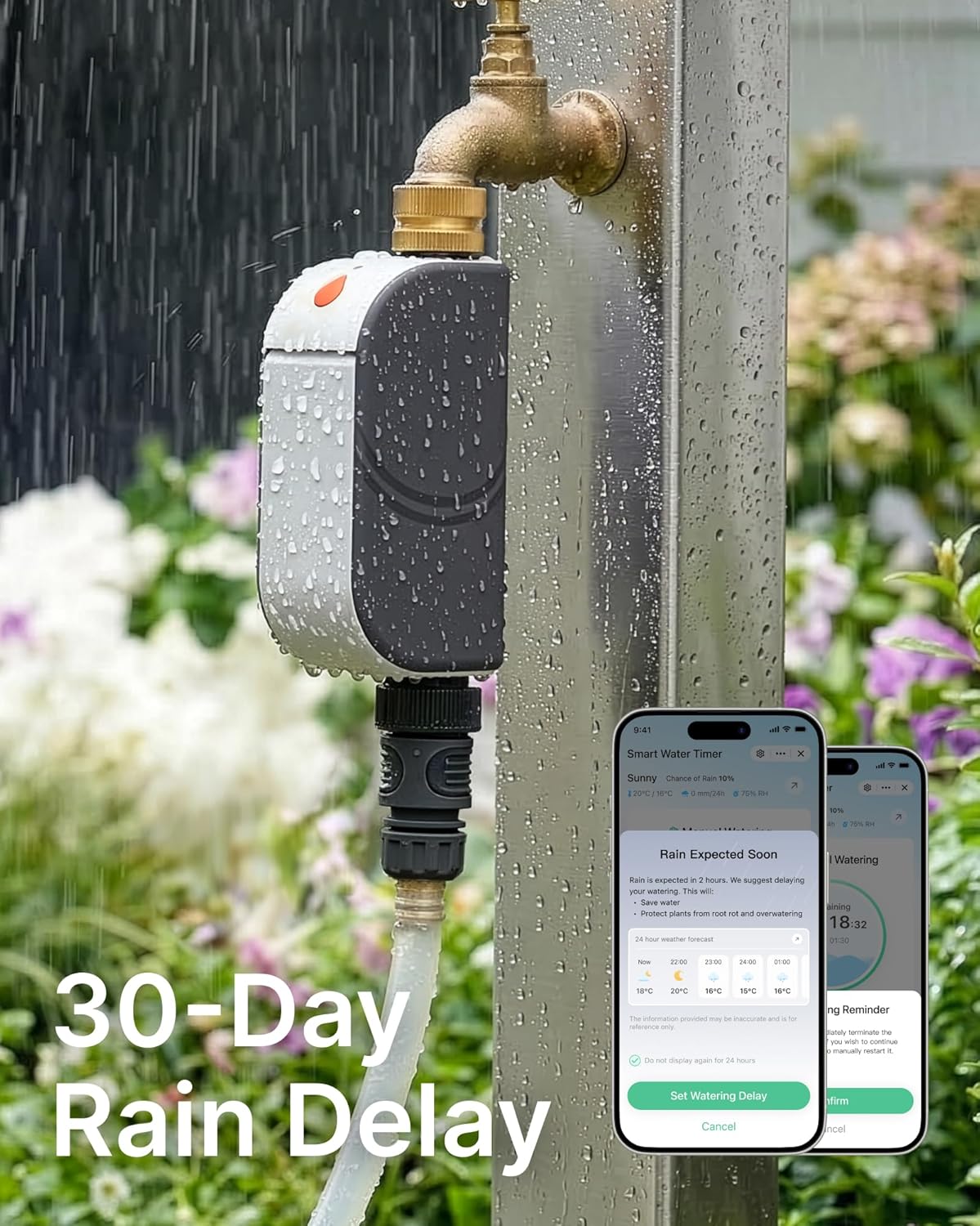 WiFi Water Timer for Garden Hose, Smart Sprinkler Controller with Heavy-Duty Brass Inlet & Flow Meter, No Hub Required, App Control Rain Delay Outdoor Hose Valve