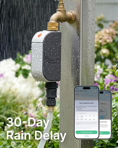 WiFi Water Timer for Garden Hose, Smart Sprinkler Controller with Heavy-Duty Brass Inlet & Flow Meter, No Hub Required, App Control Rain Delay Outdoor Hose Valve