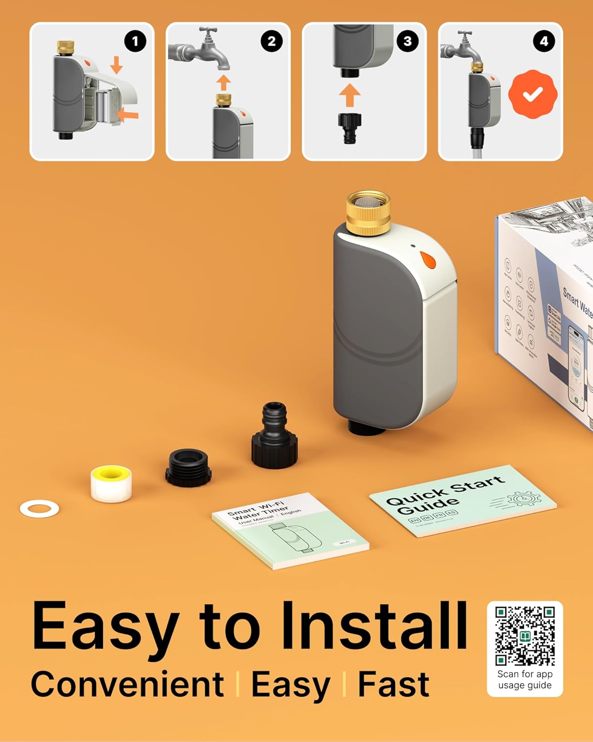 WiFi Water Timer for Garden Hose, Smart Sprinkler Controller with Heavy-Duty Brass Inlet & Flow Meter, No Hub Required, App Control Rain Delay Outdoor Hose Valve