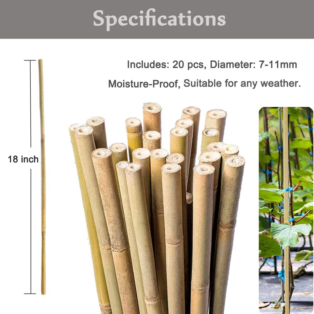 20 Pcs Natural Bamboo Stakes + 1 Roll Garden Ties, 18 Inches Bamboo Sticks Gardening Plant Support Stakes for Indoor Plants, Tomato, Potted Plants