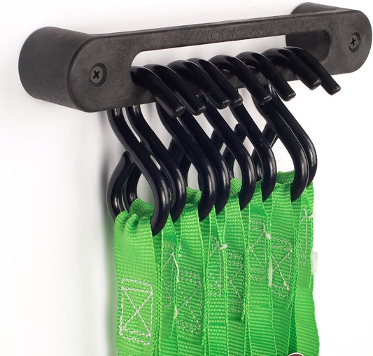 Hook Rail Strap Organizer (2-Pack) – Low Profile Tie Down, Ratchet & Bungee Cord Storage for Garage, Workshop, Home or Enclosed Trailer – Made in USA – Backed by Our Guarantee!