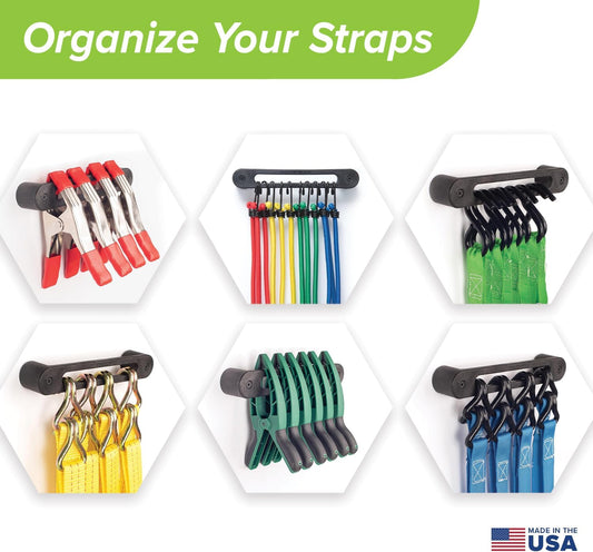 Hook Rail Strap Organizer (2-Pack) – Low Profile Tie Down, Ratchet & Bungee Cord Storage for Garage, Workshop, Home or Enclosed Trailer – Made in USA – Backed by Our Guarantee!