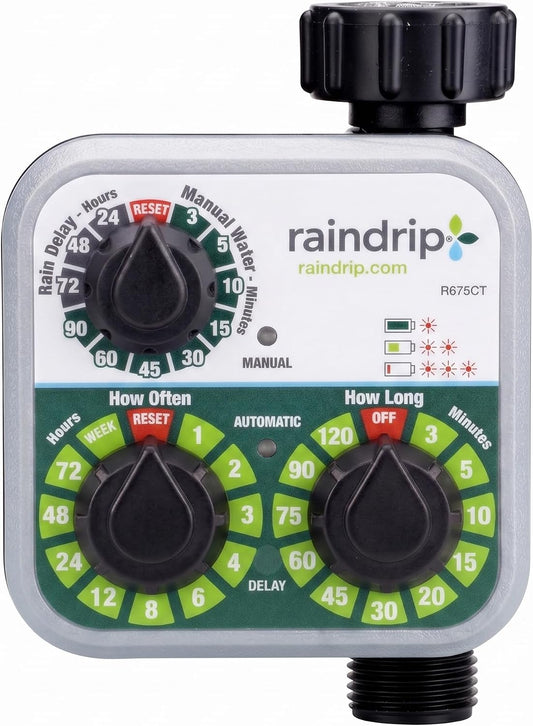 R675CT Analog 3-Dial Water, Sprinkler Timer with Rain Delay for Drip Irrigation, Garden, Self-Watering