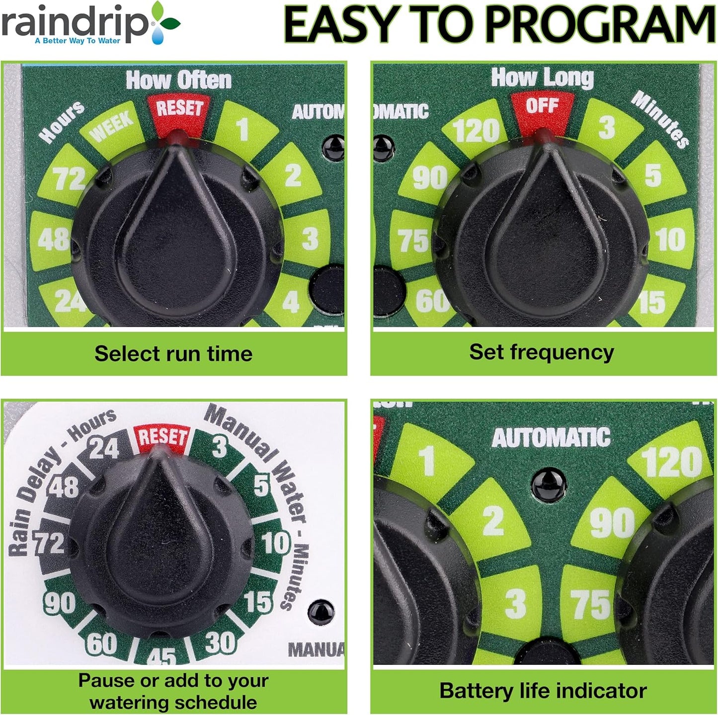 R675CT Analog 3-Dial Water, Sprinkler Timer with Rain Delay for Drip Irrigation, Garden, Self-Watering