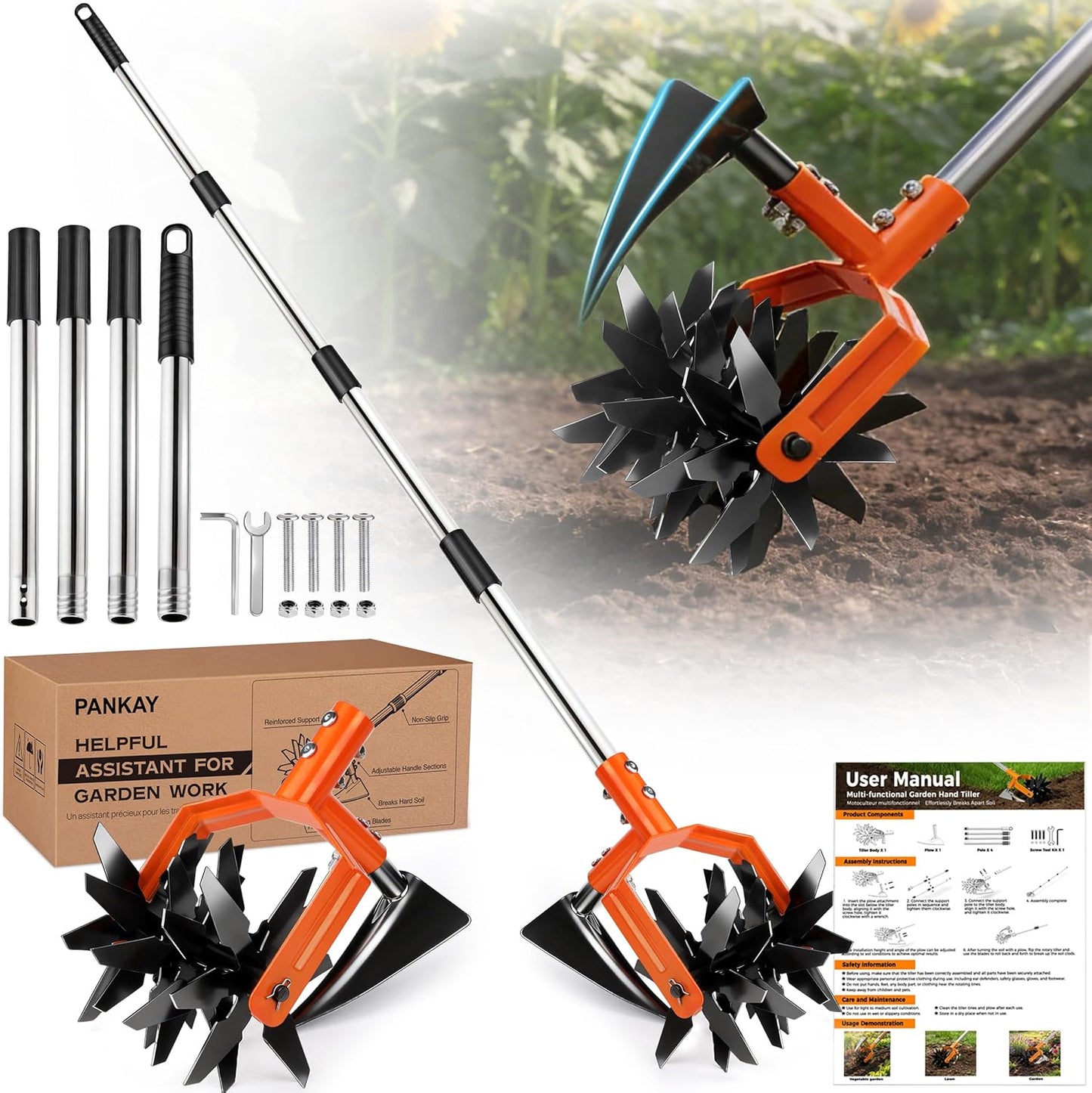 Manual Hand Tiller for Gardening, Rotary Cultivator with Tilling Blade