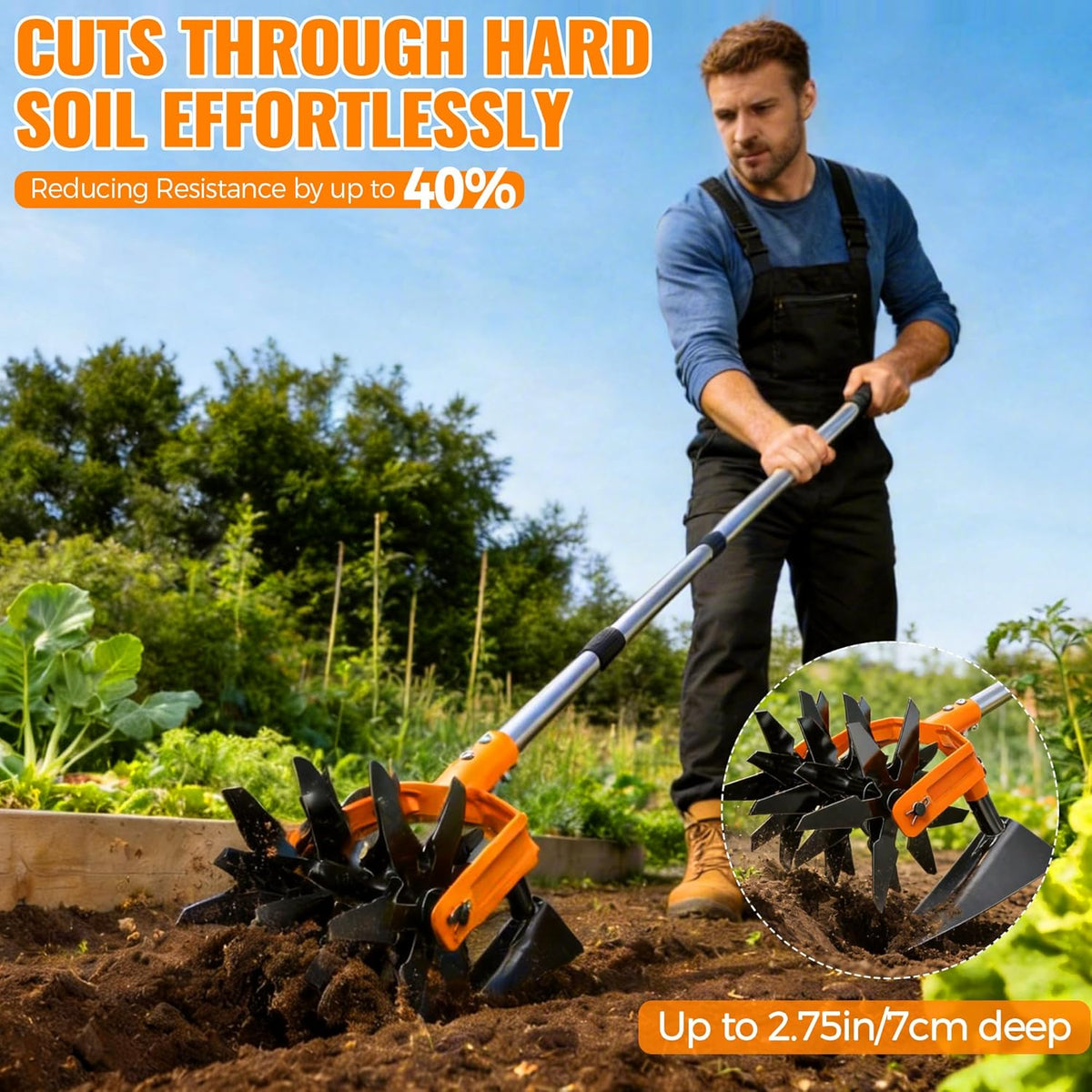 Manual Hand Tiller for Gardening, Rotary Cultivator with Tilling Blade