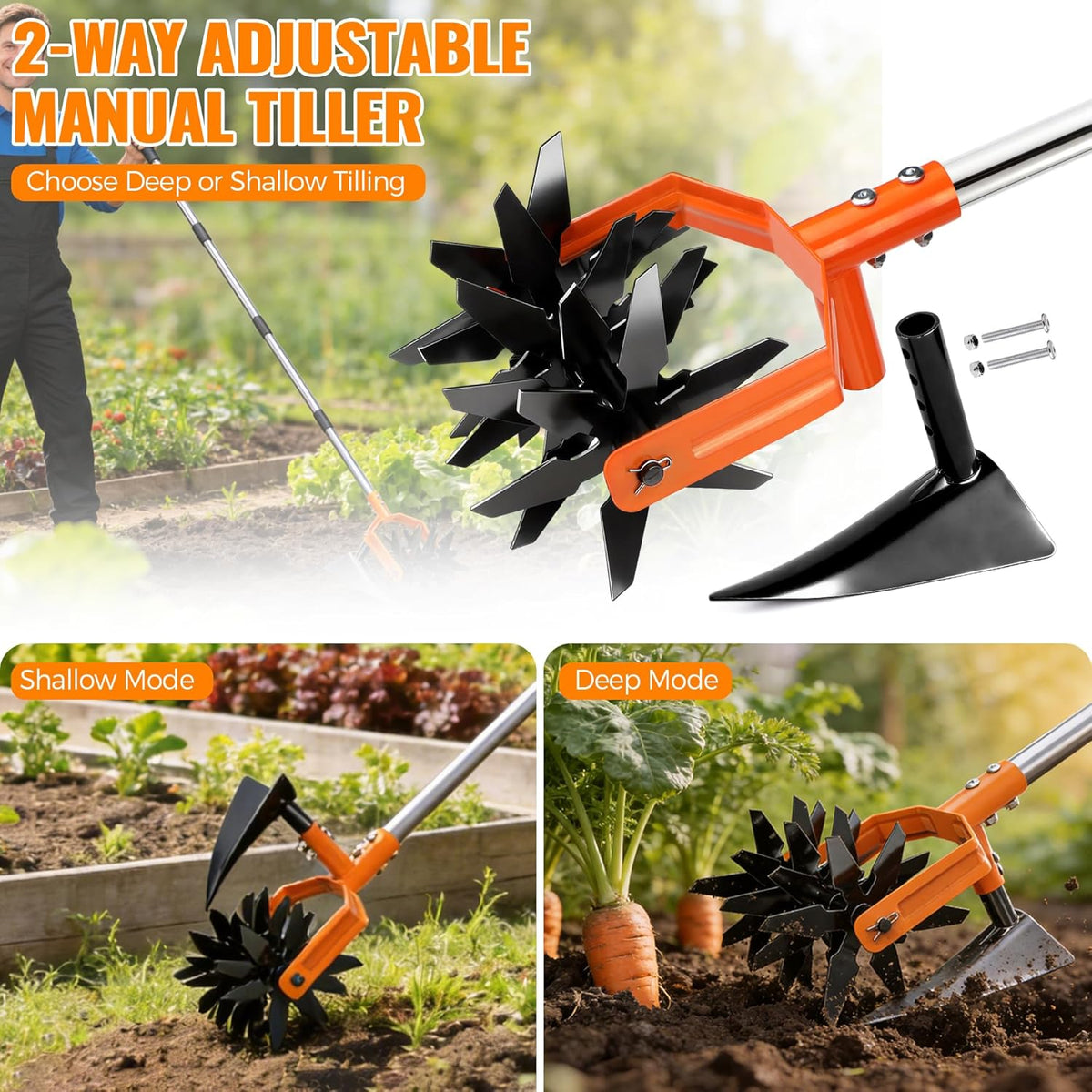 Manual Hand Tiller for Gardening, Rotary Cultivator with Tilling Blade