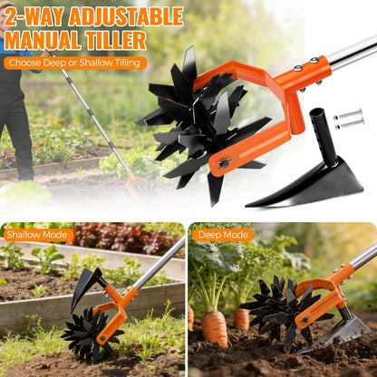 Manual Hand Tiller for Gardening, Rotary Cultivator with Tilling Blade