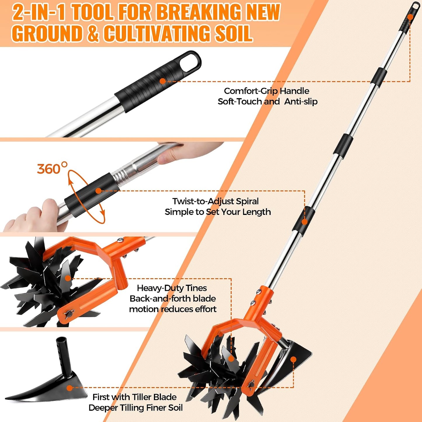 Manual Hand Tiller for Gardening, Rotary Cultivator with Tilling Blade