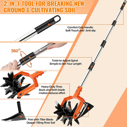 Manual Hand Tiller for Gardening, Rotary Cultivator with Tilling Blade