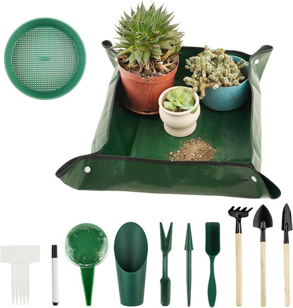 16Pcs Garden Tools, Mini Garden Hand Transplanting Succulent Tools Set, 19.6" Thickened Plant Repotting Mat & Succulent Hand Tools, Plants Transplanting Supplies for Indoor Outdoor Fairy Care, Cactus