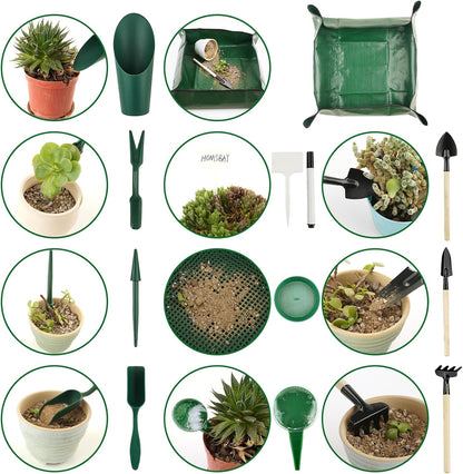 16Pcs Garden Tools, Mini Garden Hand Transplanting Succulent Tools Set, 19.6" Thickened Plant Repotting Mat & Succulent Hand Tools, Plants Transplanting Supplies for Indoor Outdoor Fairy Care, Cactus