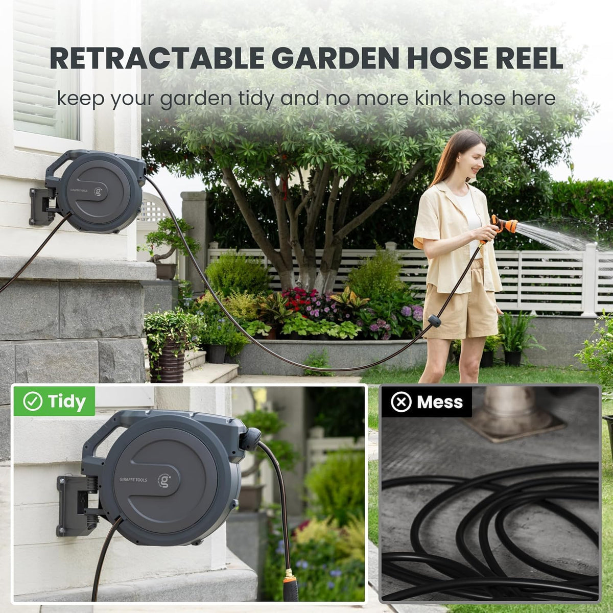 Retractable Garden Hose Reel 5/8" 90FT Metal Bracket
