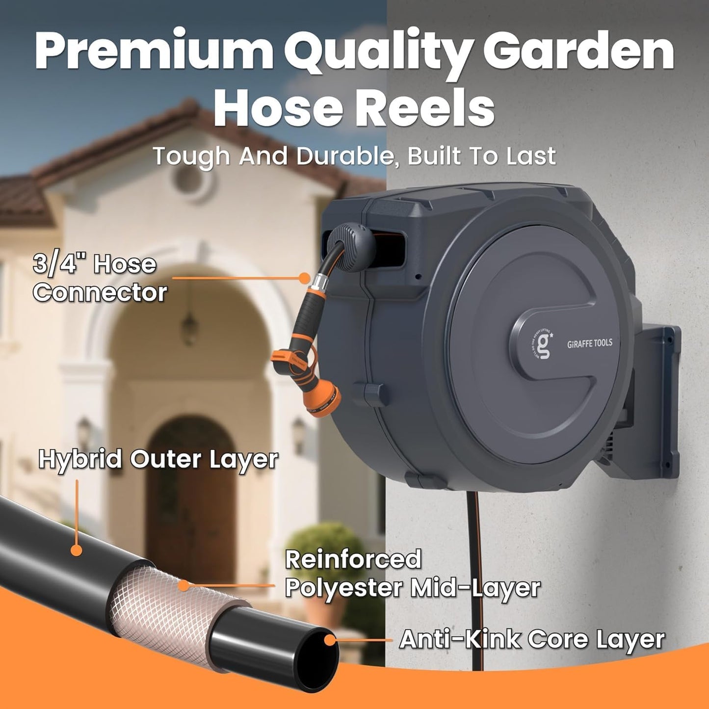 Retractable Garden Hose Reel 5/8" 90FT Metal Bracket