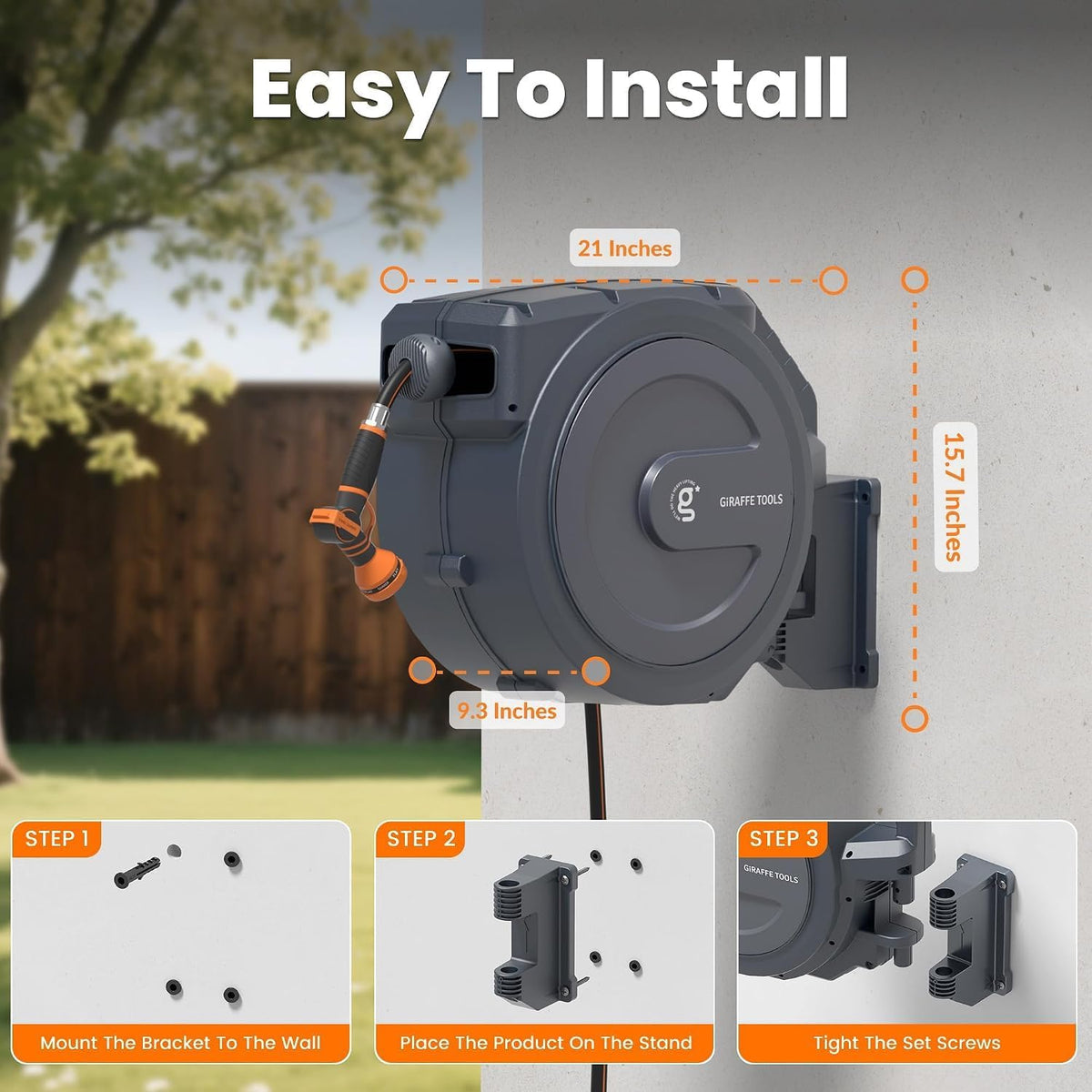 Retractable Garden Hose Reel 5/8" 90FT Metal Bracket