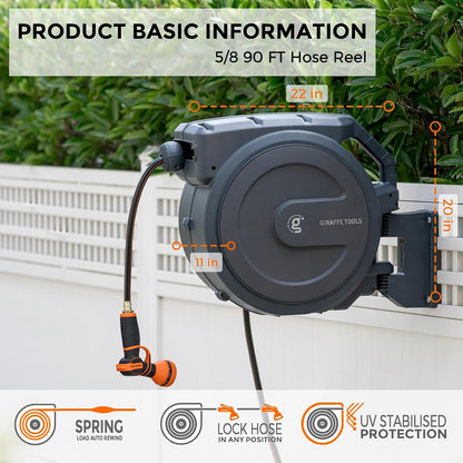Retractable Garden Hose Reel 5/8" 90FT Metal Bracket