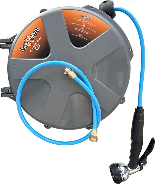Retractable Water Hose Reel 1/2 in x 65 ft with Spray Gun, Wall Mounted High Pressure Hose Reel